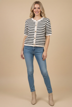 STRIPE BUTTON FRONT KNIT TOP