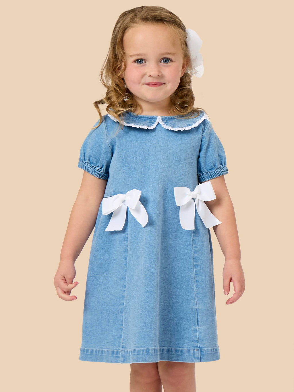 Girls Light Wash Stretch Denim Peter Pan Ruffle Bow Short Sleeve Dress