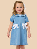 Girls Light Wash Stretch Denim Peter Pan Ruffle Bow Short Sleeve Dress