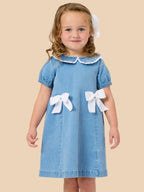 Girls Light Wash Stretch Denim Peter Pan Ruffle Bow Short Sleeve Dress