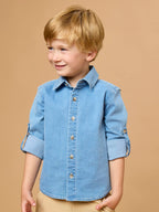 Boys Light Wash Stretch Denim Long Sleeve Button Down Shirt