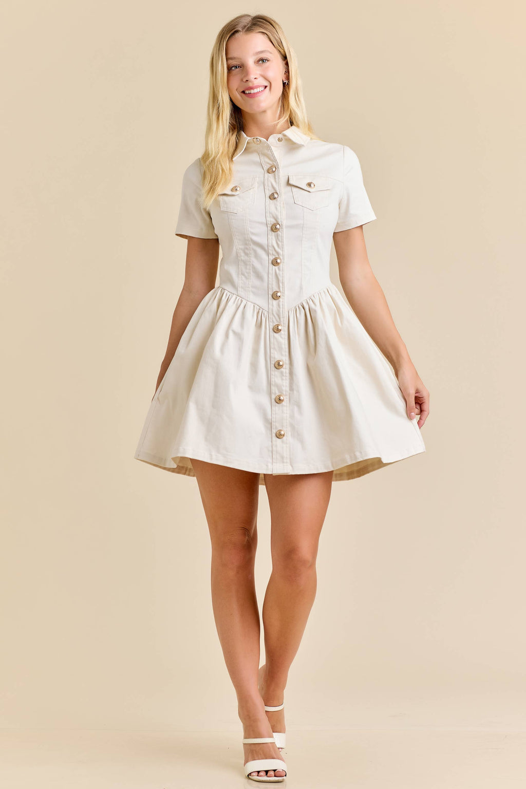 Button-Up Mini Denim Dress Featuring Gold Accent Buttons - Little Jill & Co.