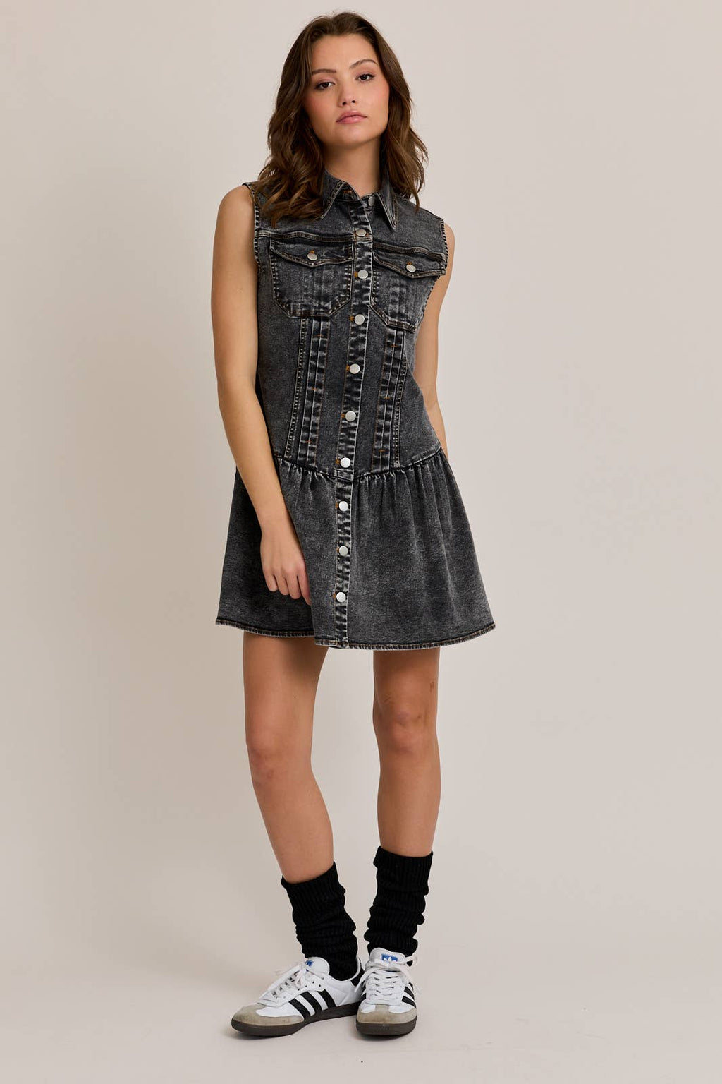 SLEEVELESS MINI DRESS IN DENIM FABRIC - Little Jill & Co.