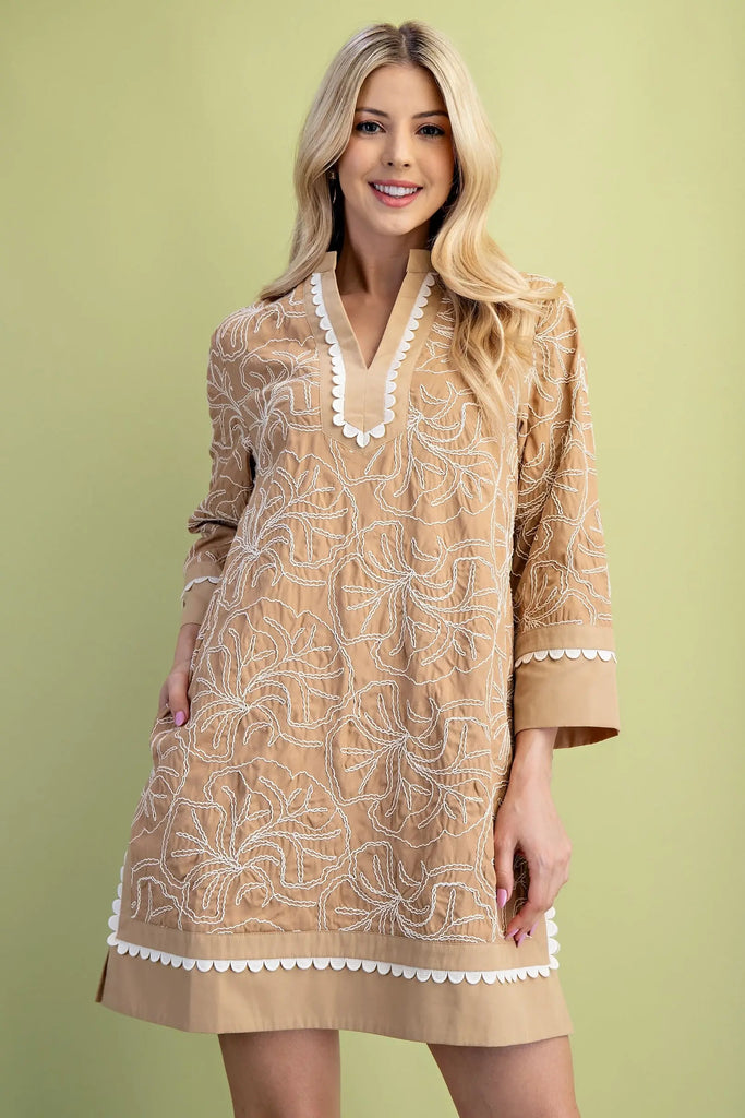 Embroidered Tan Notch Neck Dress