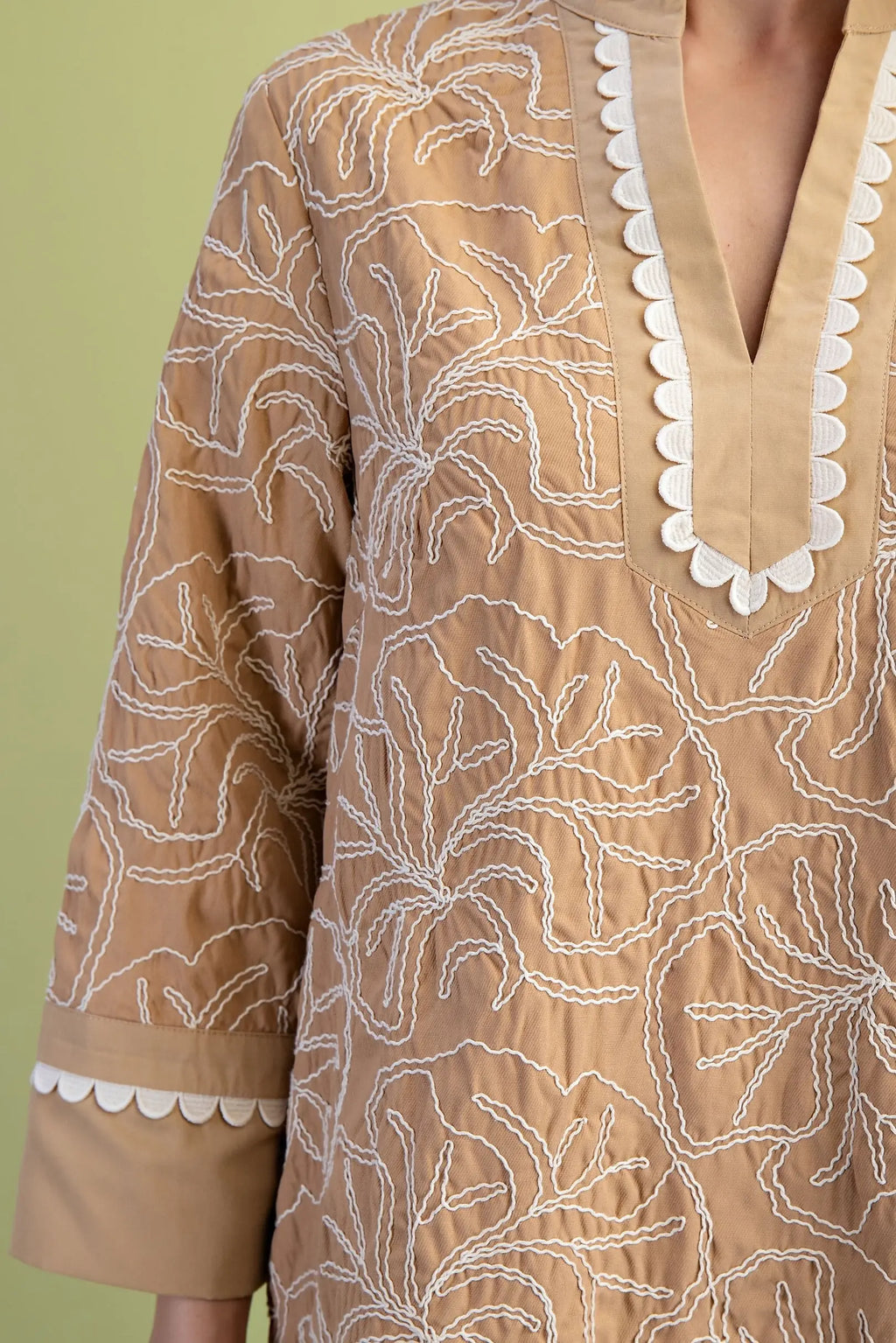 Embroidered Tan Notch Neck Dress