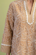 Embroidered Tan Notch Neck Dress