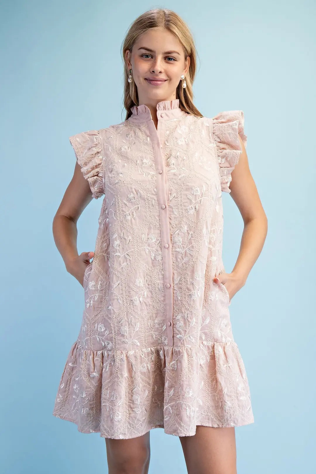 Glossy Emb. Ruffle Dress Soft Pink