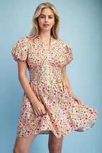 Rose Print Puff Sleeve Mini Dress