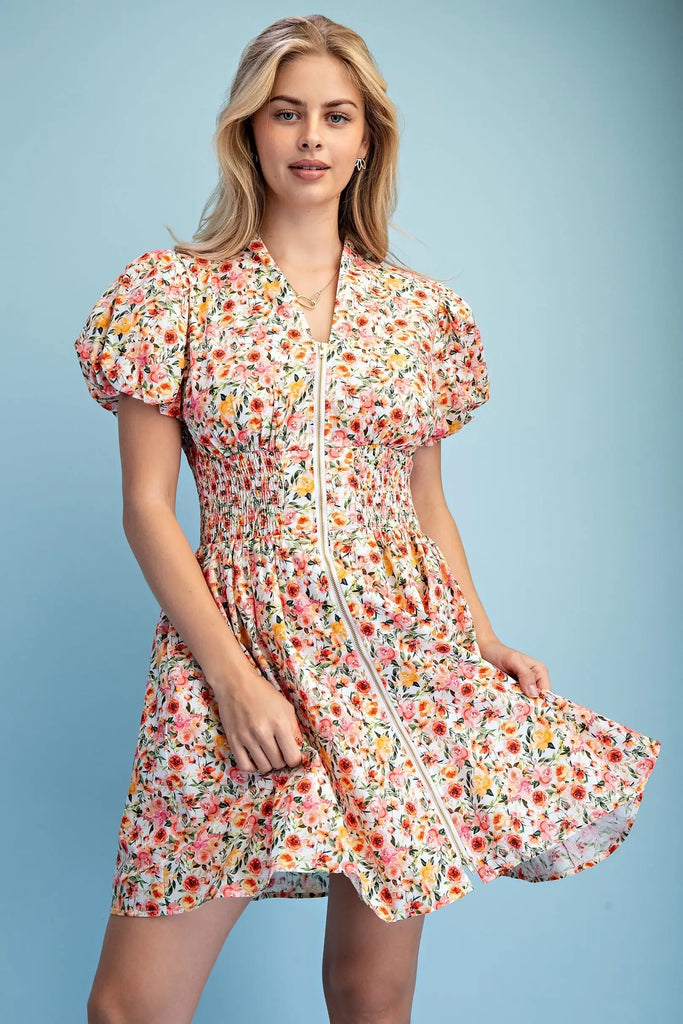 Rose Print Puff Sleeve Mini Dress
