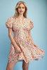 Rose Print Puff Sleeve Mini Dress