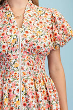 Rose Print Puff Sleeve Mini Dress
