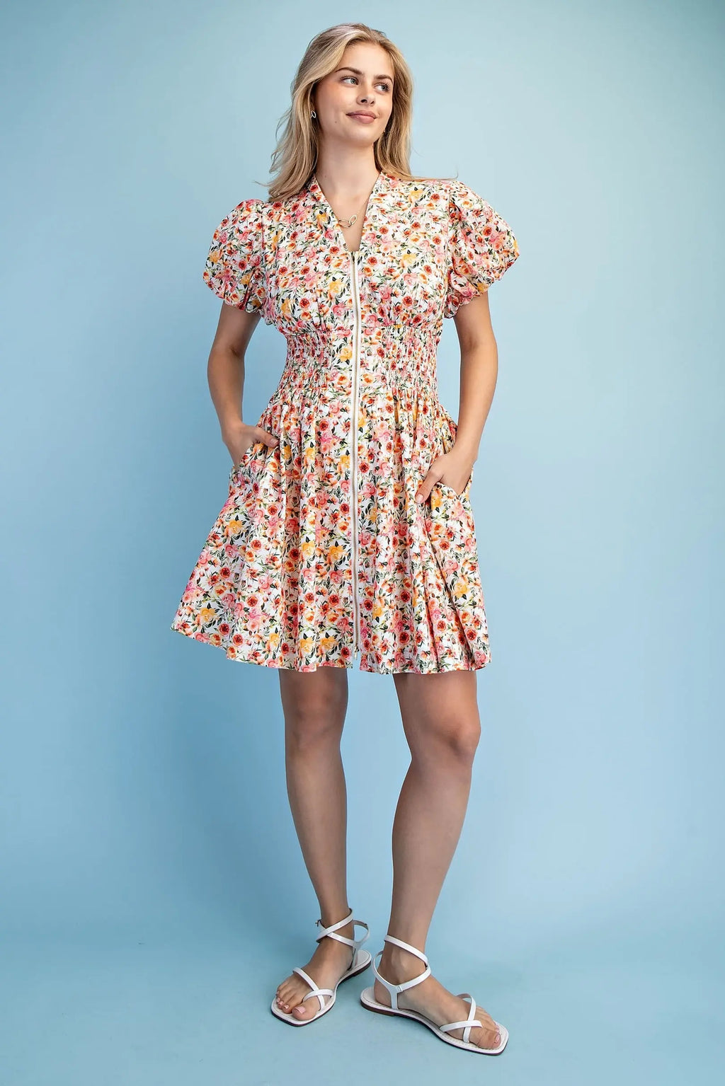 Rose Print Puff Sleeve Mini Dress