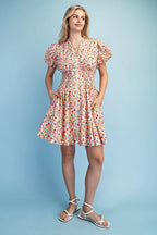 Rose Print Puff Sleeve Mini Dress