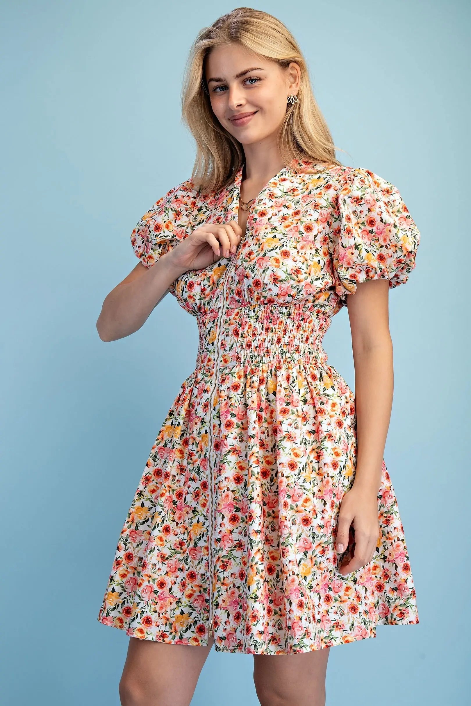 Rose Print Puff Sleeve Mini Dress