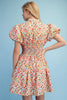 Rose Print Puff Sleeve Mini Dress