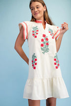 Floral Emb. V-Neck Dress Coral