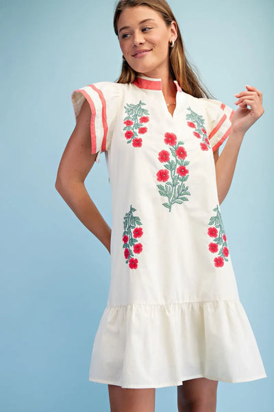 Floral Emb. V-Neck Dress Coral