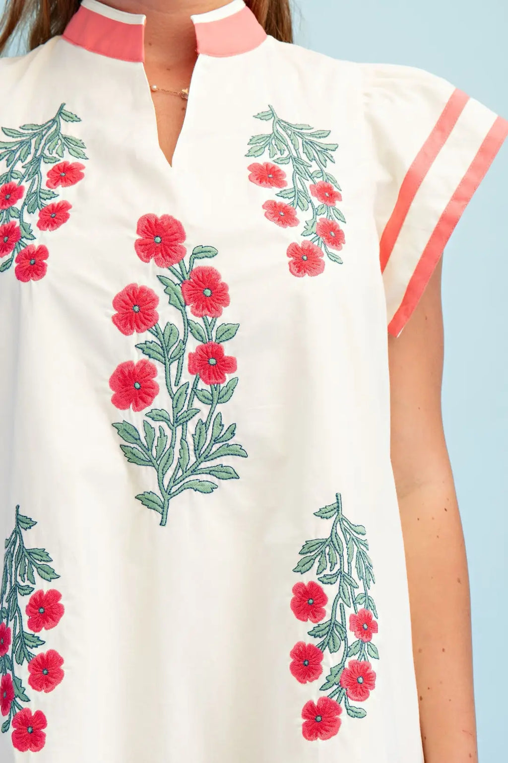 Floral Emb. V-Neck Dress Coral