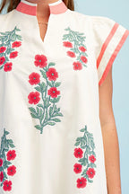 Floral Emb. V-Neck Dress Coral