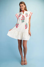 Floral Emb. V-Neck Dress Coral