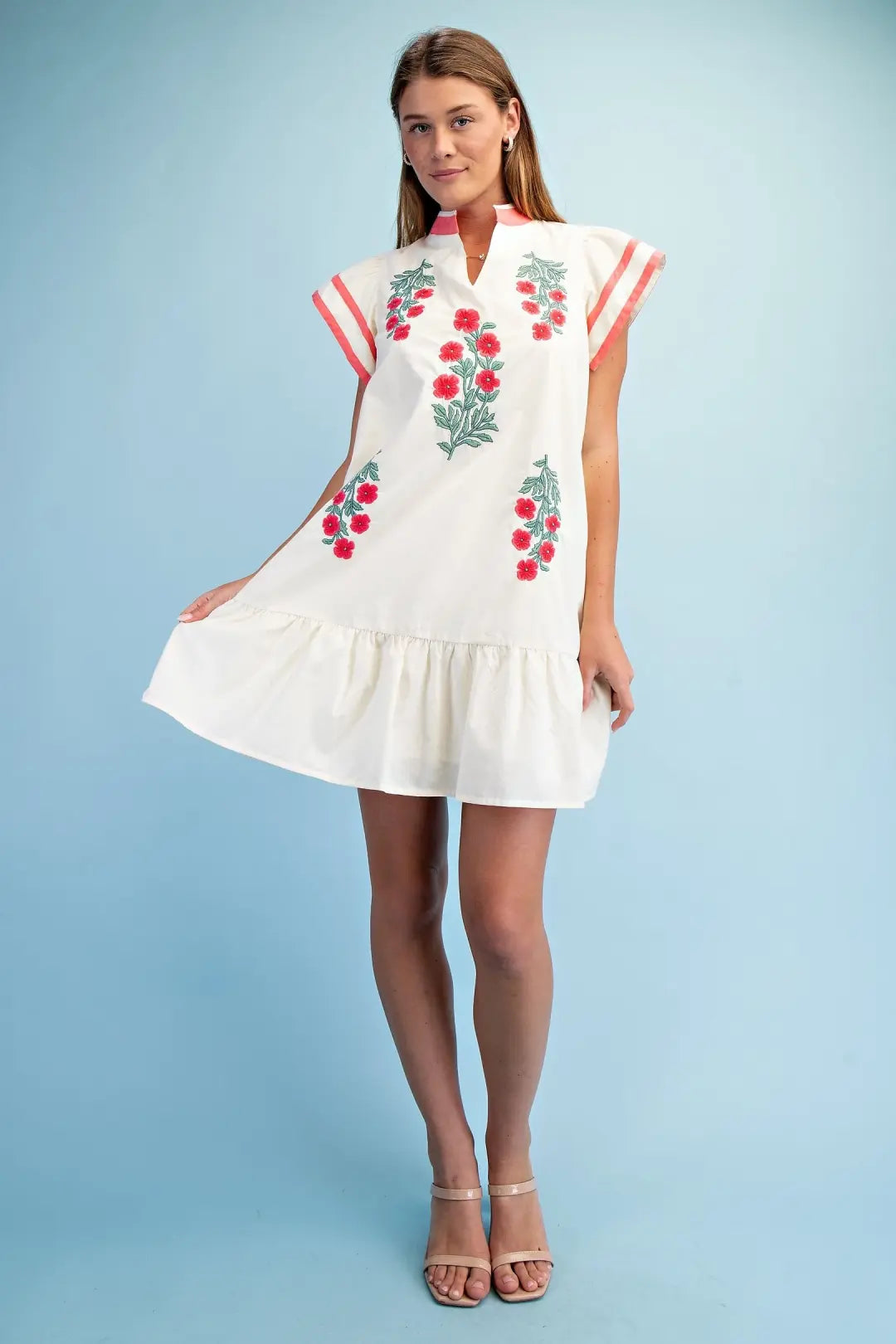 Floral Emb. V-Neck Dress Coral