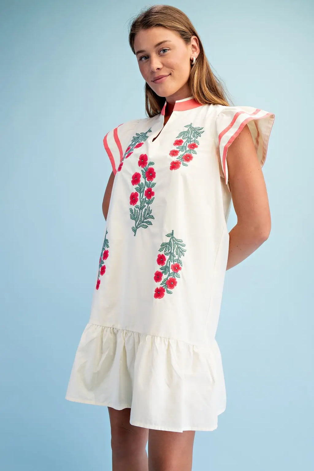 Floral Emb. V-Neck Dress Coral