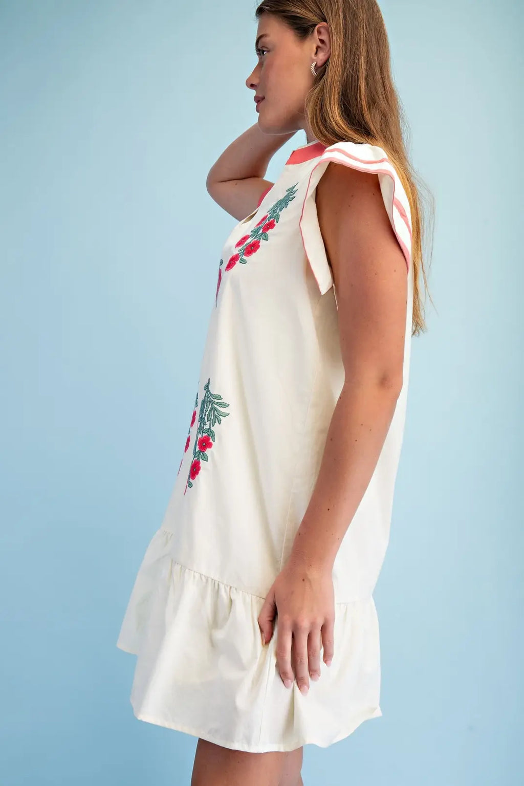 Floral Emb. V-Neck Dress Coral