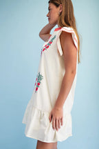 Floral Emb. V-Neck Dress Coral