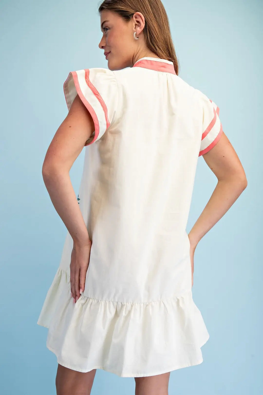Floral Emb. V-Neck Dress Coral