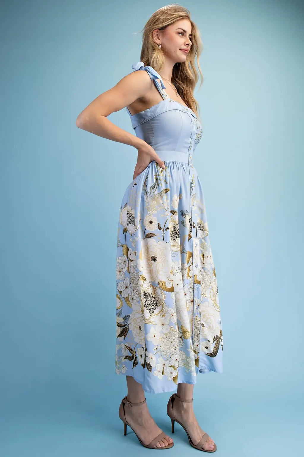 Baby Blue Floral Print Midi Dress