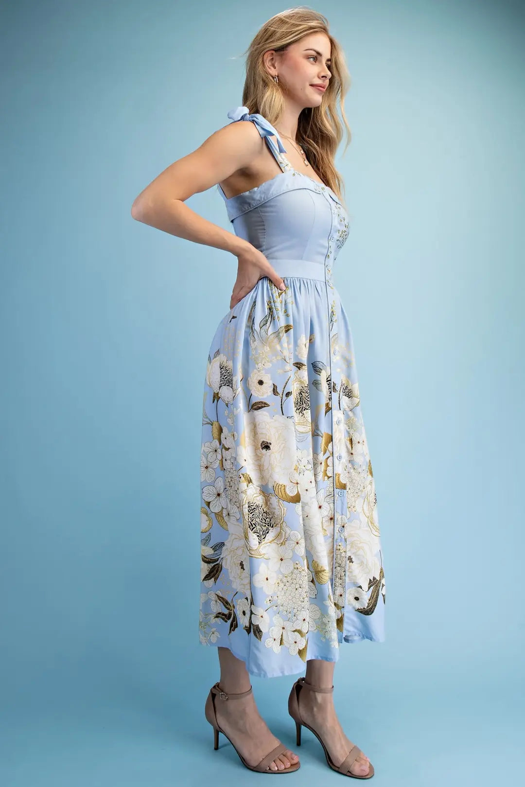 Baby Blue Floral Print Midi Dress