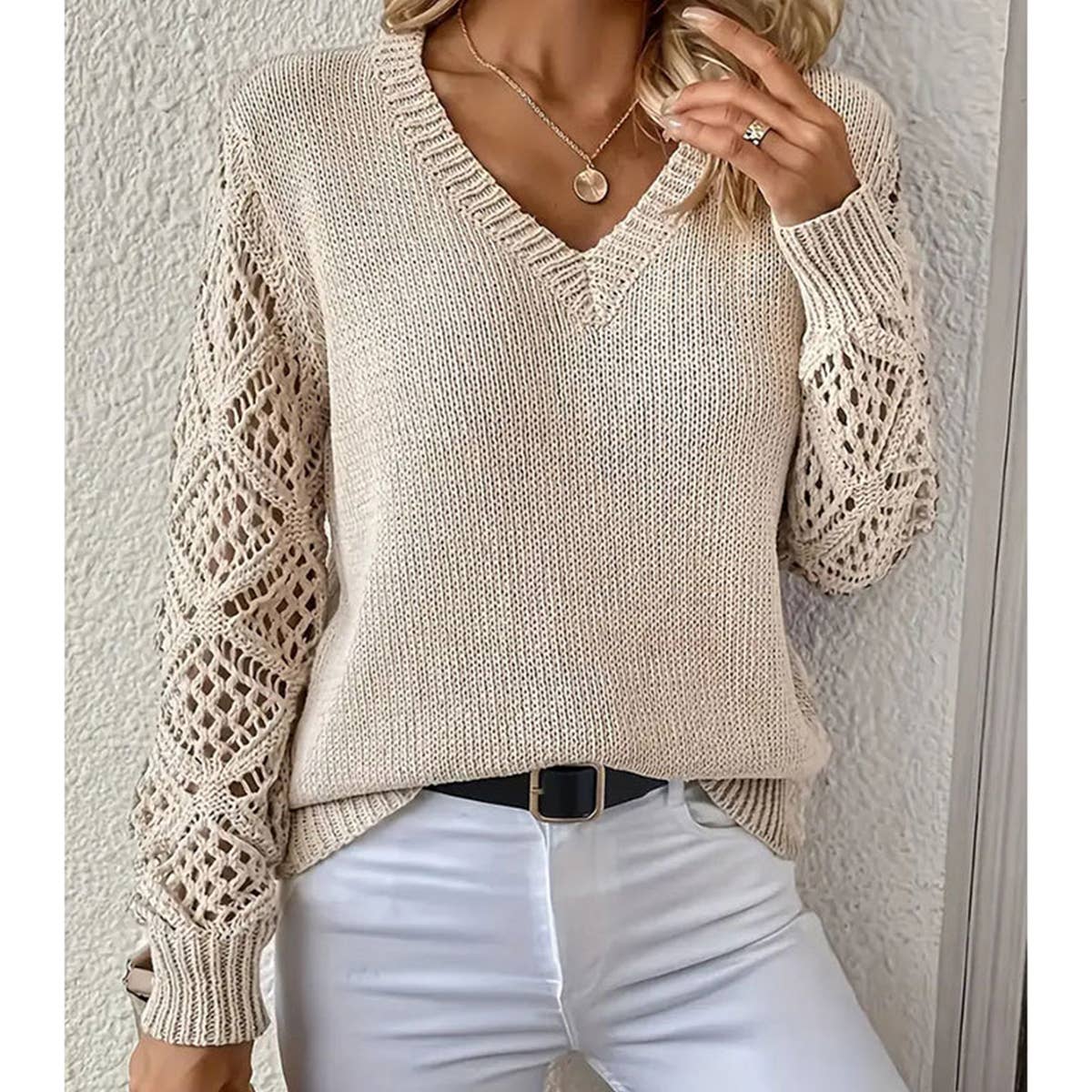 CUT-OUT V-NECK PULLOVER ALL-IN-ONE SWEATER - Little Jill & Co.