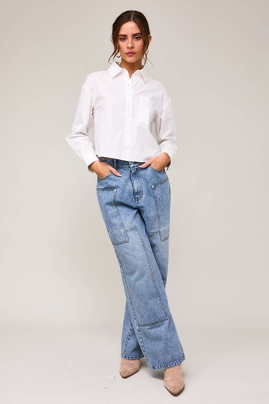 Long Sleeve Cropped Button Down Poplin Shirt