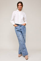 Long Sleeve Cropped Button Down Poplin Shirt