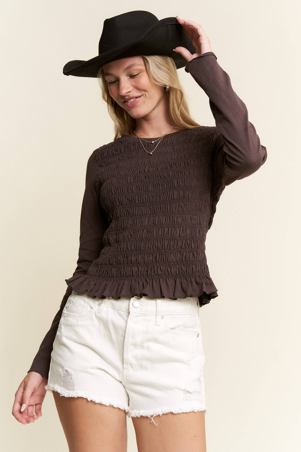 Front Smocked Long Sleeve Blouse