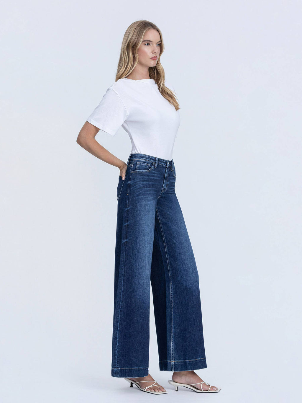 HIGH RISE DARK WASH FUSED WAISTBAND PALAZZO JEANS T7031