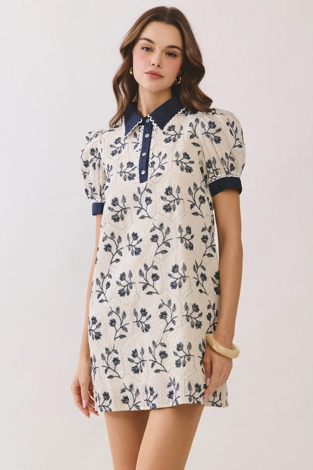 Geometric Print Floral Puff Sleeve Mini Dress