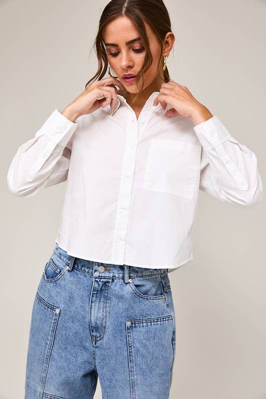 Long Sleeve Cropped Button Down Poplin Shirt