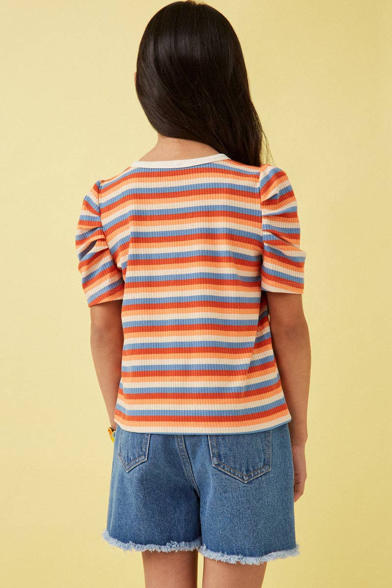 Girls Multi Color Stripe Ribbed Knit Puff Shoulder Top - Little Jill & Co.