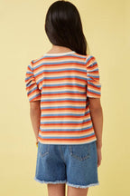 Girls Multi Color Stripe Ribbed Knit Puff Shoulder Top - Little Jill & Co.
