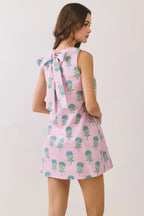 Pink Floral Round Neck Back Tie Mini Dress