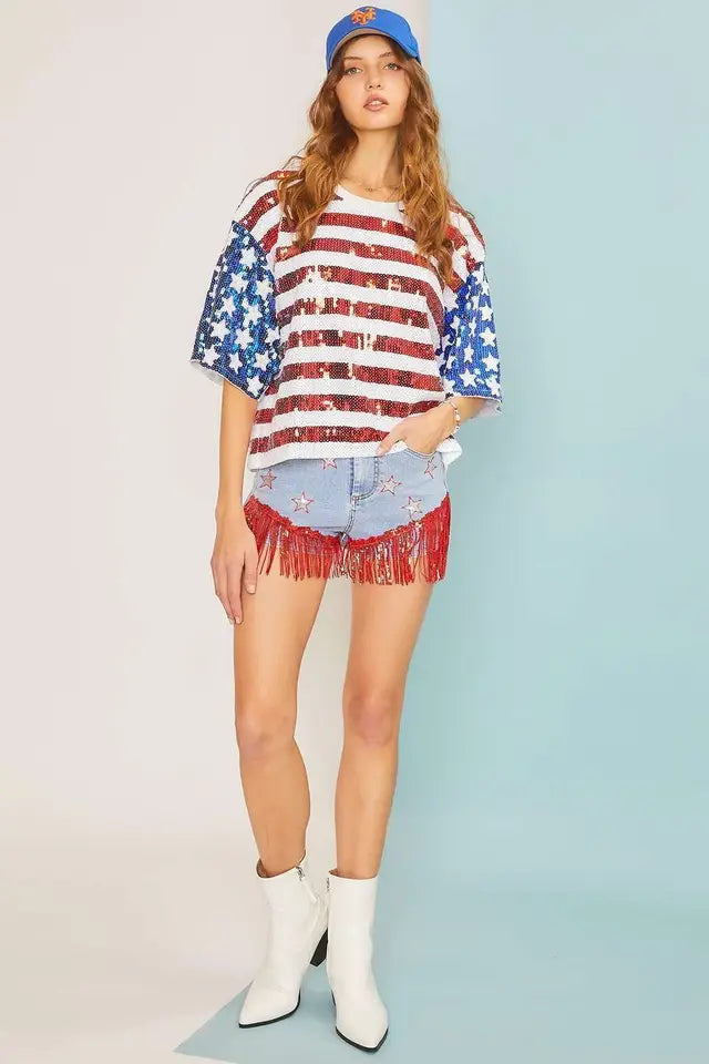 Allover Sequin Americana Star Stripe Boxy Tee - Little Jill & Co.