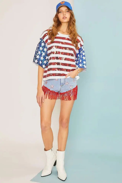 Allover Sequin Americana Star Stripe Boxy Tee - Little Jill & Co.