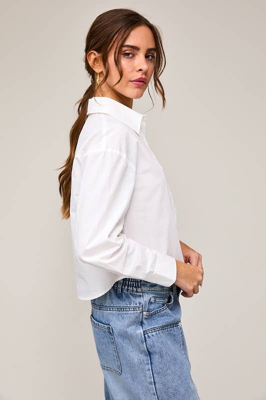 Long Sleeve Cropped Button Down Poplin Shirt