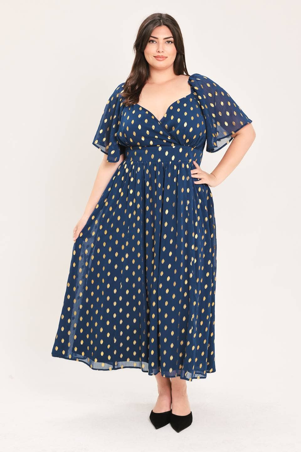 A solid woven with foil print midi dress