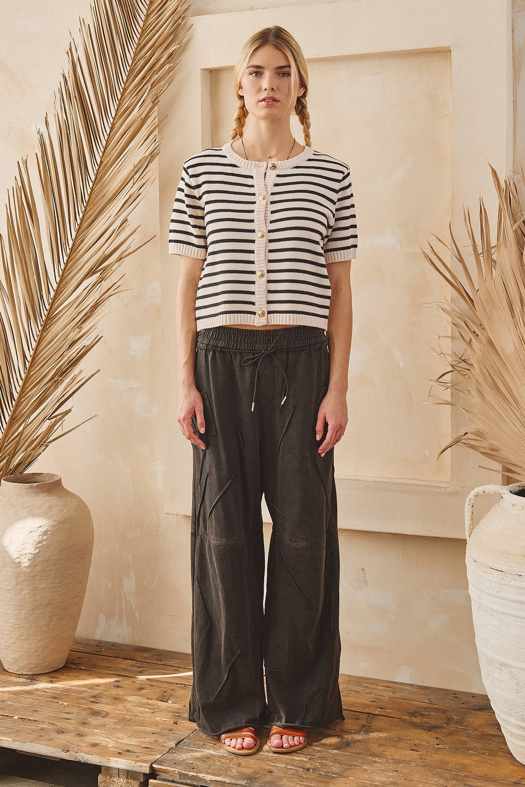 STRIPE BUTTON FRONT KNIT TOP