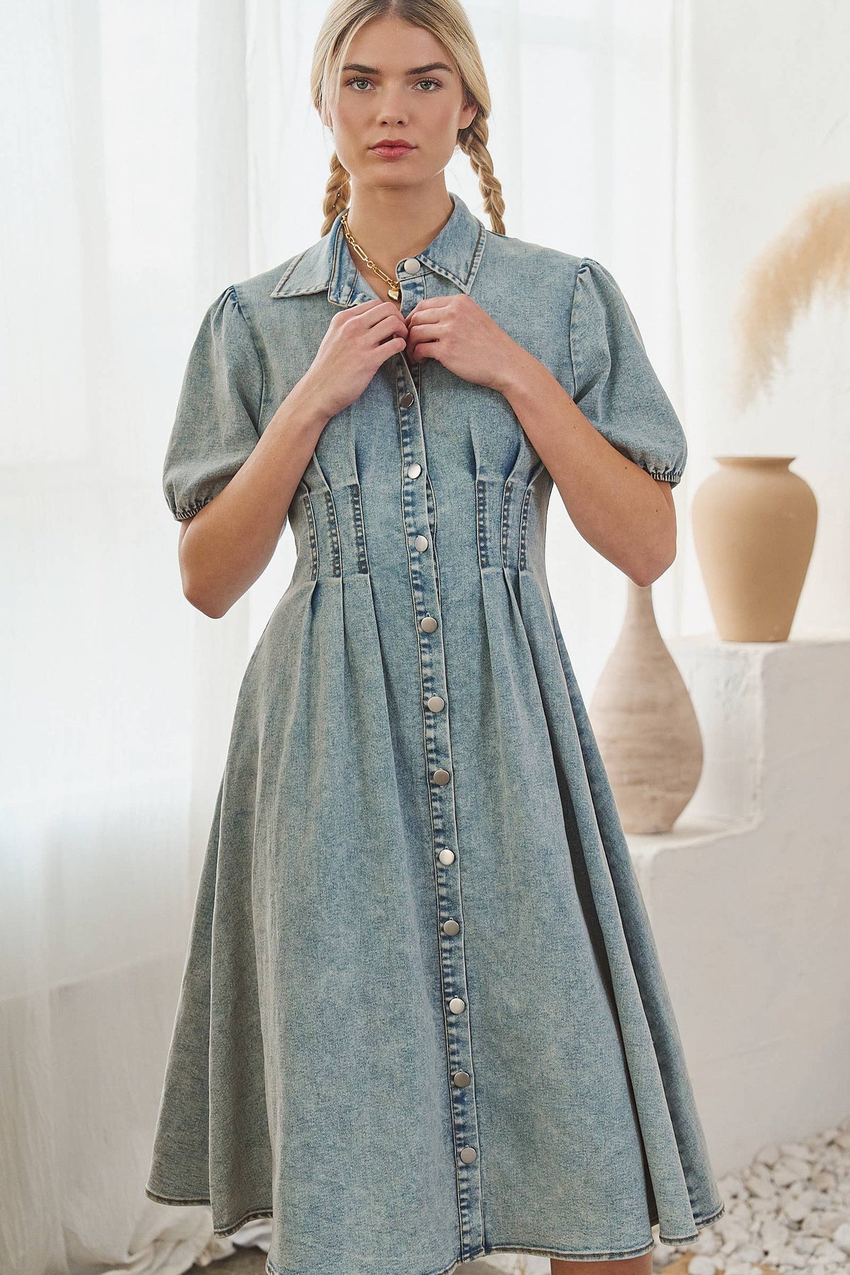 Denim Midi Puff Sleeve Dress