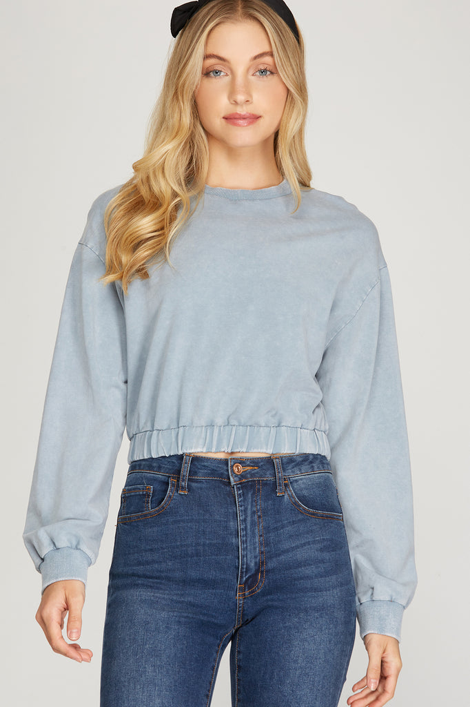 BLUE LONG SLEEVE KNIT WASHED TOP
