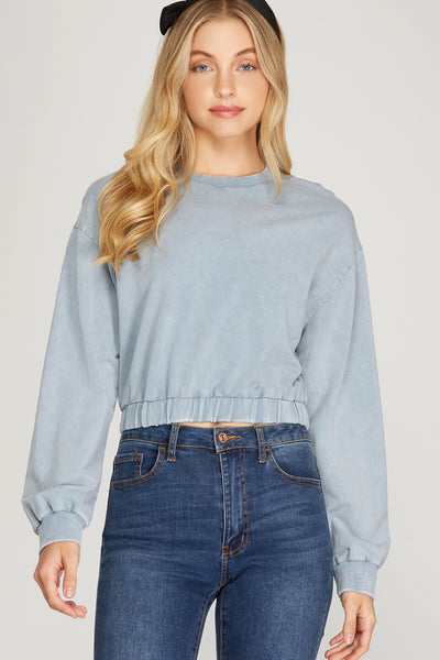 BLUE LONG SLEEVE KNIT WASHED TOP