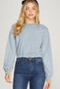 BLUE LONG SLEEVE KNIT WASHED TOP